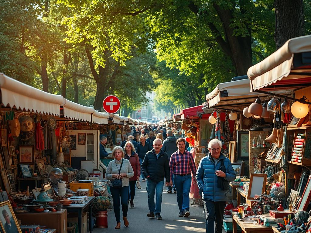 A bustling flea market in Berlin's vibrant Kreuzberg district, with rows of colorful stalls offering an eclectic array of vintage treasures, antique knickknacks, and unexpected finds. Captured with a Sony A7R IV, the image showcases the lively atmosphere, with sunlight filtering through the trees and casting a warm glow over the scene. Pedestrians meander through the crowded aisles, their curiosity piqued by the diverse selection of goods on display. A polarizing filter enhances the vivid colors and sharp details, creating a hyperrealistic and immersive experience. This is the ultimate destination for bargain hunters and vintage enthusiasts seeking a unique shopping adventure in the heart of the city.