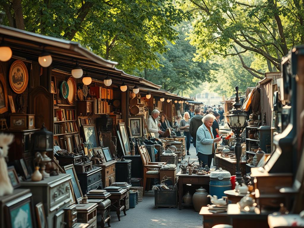 A bustling flea market scene in Berlin, teeming with eclectic wares and eager bargain hunters. Weathered wooden stalls display an array of vintage treasures, from antique furniture to quirky knickknacks. Sunlight filters through a canopy of trees, casting a warm glow over the lively proceedings. Vendors skillfully arrange their goods, expertly curating their stalls to draw in potential customers. The air is abuzz with the chatter of negotiations and the clink of coins exchanging hands. This dynamic setting captures the essence of a successful, commission-free flea market, offering valuable insights for seasoned and aspiring sellers alike.