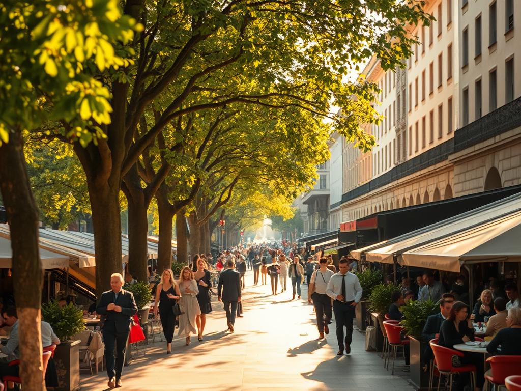 A bustling scene along the Kurfürstendamm, Berlin's premier shopping boulevard. A vibrant array of restaurants, cafes, and eateries line the street, their outdoor terraces abuzz with diners savoring local delicacies and international cuisine. The warm, golden sunlight filters through the leaves of towering plane trees, casting a soft glow over the lively pedestrian traffic. In the foreground, well-dressed shoppers pause to peruse menus and chat with friends, while the middle ground features al fresco dining areas with sleek, modern furniture. In the background, the iconic architecture of the Kurfürstendamm's historic buildings provides a stately backdrop to this culinary oasis in the heart of the city. A bustling scene along the Kurfürstendamm, Berlin's premier shopping boulevard. A vibrant array of restaurants, cafes, and eateries line the street, their outdoor terraces abuzz with diners savoring local delicacies and international cuisine. The warm, golden sunlight filters through the leaves of towering plane trees, casting a soft glow over the lively pedestrian traffic. In the foreground, well-dressed shoppers pause to peruse menus and chat with friends, while the middle ground features al fresco dining areas with sleek, modern furniture. In the background, the iconic architecture of the Kurfürstendamm's historic buildings provides a stately backdrop to this culinary oasis in the heart of the city.