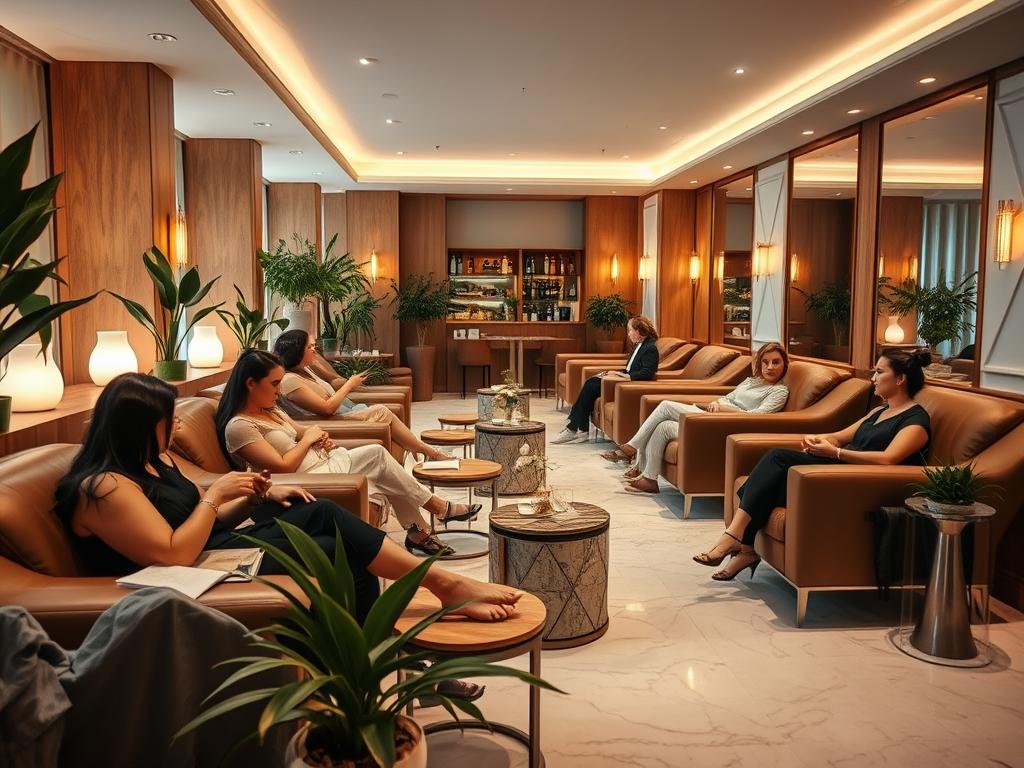A chic and inviting day spa interior in Berlin, with a group of coworkers enjoying a luxurious team-building experience. Warm, diffused lighting creates a soothing ambiance, accentuating the elegant marble floors, plush leather seating, and natural wood accents. Clients are pampered with manicures, pedicures, and facial treatments, their faces reflecting a sense of tranquility and camaraderie. The space is filled with lush potted plants, soft fabrics, and subtle metallic touches, conveying an atmosphere of sophisticated relaxation. Captured with a Sony A7R IV, the image is crisp, vibrant, and hyperrealistic, with a polarizer filter enhancing the depth and clarity of the scene.
