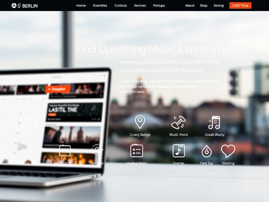 A clean, minimalist website layout showcasing a selection of online resources for finding upcoming music events in Berlin. The foreground features a laptop display with a responsive design, highlighting a calendar of upcoming concerts, music festivals, and live performances. The middle ground includes stylized icons representing various event planning tools, social media platforms, and local music blogs. The background depicts a blurred cityscape of Berlin's iconic landmarks, creating a sense of place. The overall mood is professional, informative, and visually engaging, reflecting the practical utility of these online resources for event organizers and music enthusiasts alike.