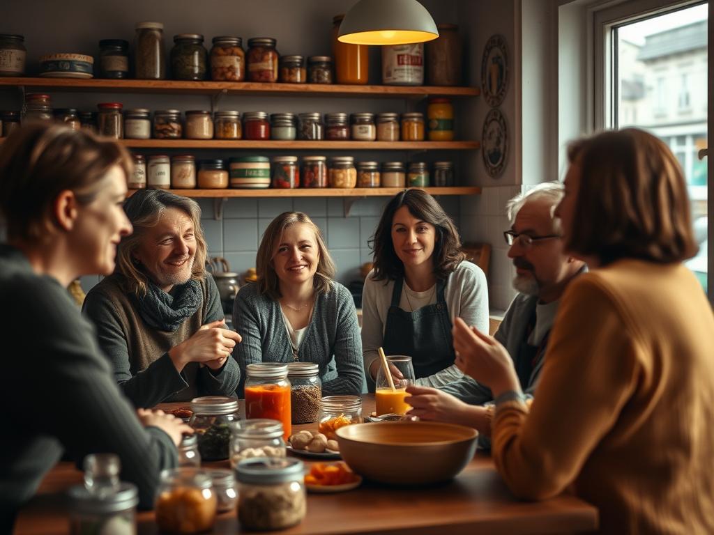 A cozy kitchen scene with participants of the Berliner Foodsharing program sharing their experiences. In the foreground, a group of people gathered around a table, animatedly discussing their stories of finding and distributing surplus food. Warm lighting illuminates their faces, conveying a sense of community and camaraderie. In the middle ground, shelves filled with jars and containers of various foodstuffs, a testament to the abundance they've rescued. The background reveals a window overlooking the bustling streets of Berlin, a reminder of the city's vibrant food landscape. Shot on a Sony A7R IV with a polarizer filter, this hyperrealistic image captures the spirit of the Berliner Foodsharing Erfahrungsberichte.