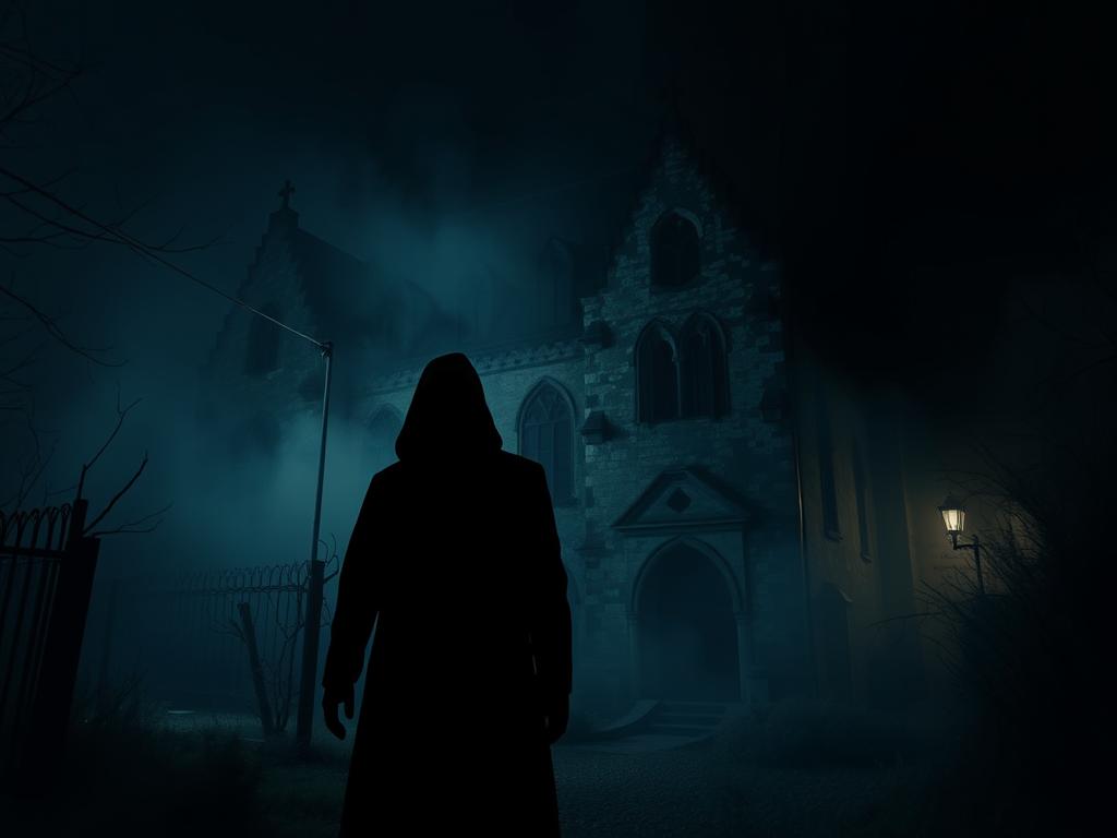 A dark, ominous atmosphere envelops the Gruselkabinett Berlin, a haunting attraction that beckons visitors to explore its chilling secrets. In the foreground, a shadowy figure emerges from the eerie fog, casting an unsettling presence. The middle ground reveals a crumbling, gothic-style building, its weathered facade exuding an air of mystery and dread. The background is shrouded in a deep, inky blackness, hinting at the unknown horrors that lurk within. The scene is captured with a Sony A7R IV, the polarizer filter lending a cinematic quality and heightening the sense of unease. This hyperrealistic image captures the essence of the Gruselkabinett Berlin, inviting the viewer to experience the thrilling and unsettling visitor encounters that await.