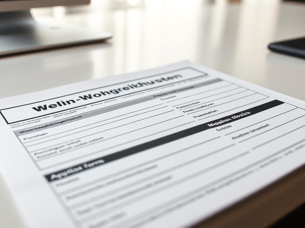 A detailed, close-up shot of a Berlin WBS (Wohnberechtigungsschein) application form, laid out flat on a clean, well-lit desk. The form is neatly organized, with crisp, legible text and prominent section headings. The background is slightly out of focus, creating a sense of depth and emphasis on the form. The lighting is soft and diffused, creating a warm, inviting atmosphere. The composition is balanced, with the form taking up a significant portion of the frame, allowing the viewer to clearly see the various fields and sections. The overall tone is professional and informative, reflecting the subject matter of the article.
