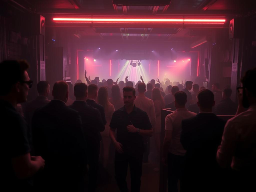 A dimly lit nightclub in Berlin, the air thick with the pulsing beats of electronic music. Bouncers stand vigilantly at the entrance, carefully inspecting IDs and ensuring a safe environment for the patrons. Neon lights cast an eerie glow, illuminating the crowd of revelers dancing with carefree abandon. In the middle ground, security personnel navigate the throng, ever-watchful for any signs of trouble. The background is hazy, with a mix of shadows and flashes of light, creating an atmosphere of energy and intensity. The overall scene conveys a sense of both excitement and security, reflecting the delicate balance that defines the Berliner Nachtleben experience.
