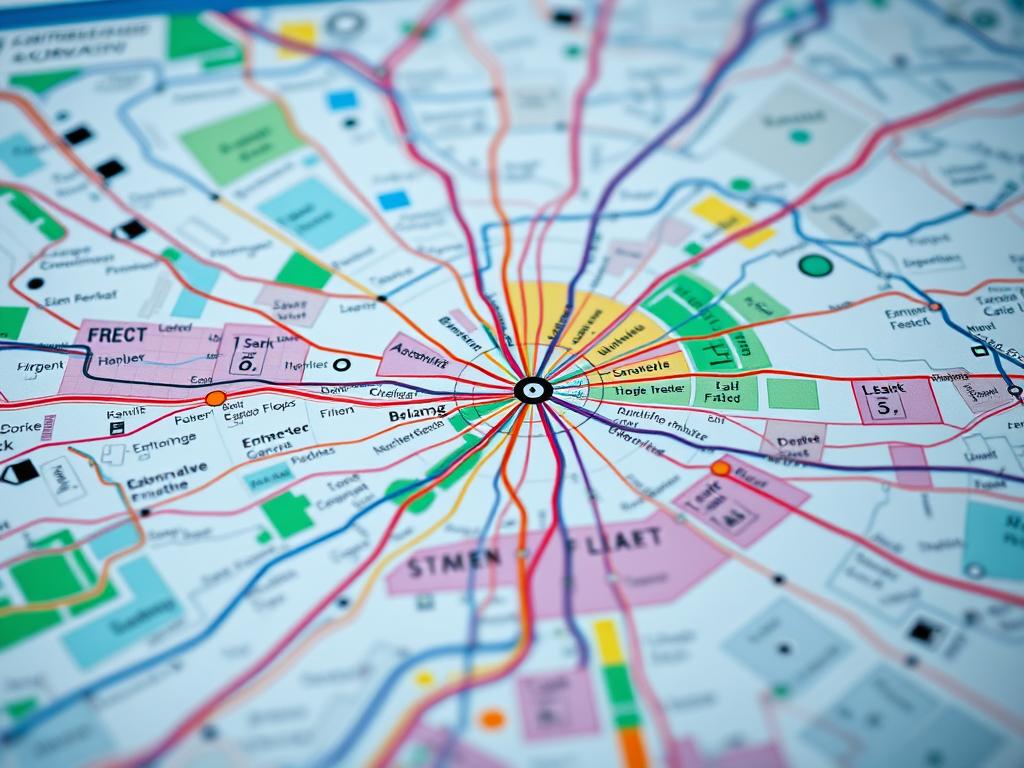 A high-definition, meticulously detailed map depicting the comprehensive overview of the Tariff Zones in Berlin. The image showcases the city's intricate public transportation network, with distinct color-coded zones delineating the different fare structures and coverage areas. Captured with a Sony A7R IV camera, the scene is sharply focused and hyperrealistic, with a polarizer filter enhancing the clarity and vibrancy of the colors. The map is presented in a clean, organized layout, providing a clear and informative visual reference for the 