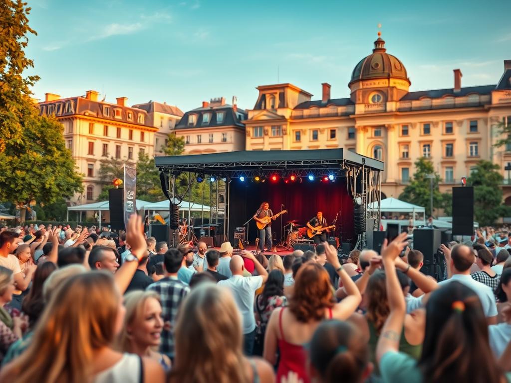 A lively open-air concert in a picturesque Berlin park, with a diverse crowd of locals and tourists enjoying the free live music. The stage is positioned against the backdrop of historic buildings, their facades bathed in warm golden light. A sense of vibrant community and carefree celebration fills the air, as musicians perform on a well-equipped stage under the evening sky. Candid shots of the audience, dancing and applauding, capture the joyful atmosphere. The image conveys the appeal of Berlin's thriving free concert scene, a true highlight for visitors seeking an authentic cultural experience.