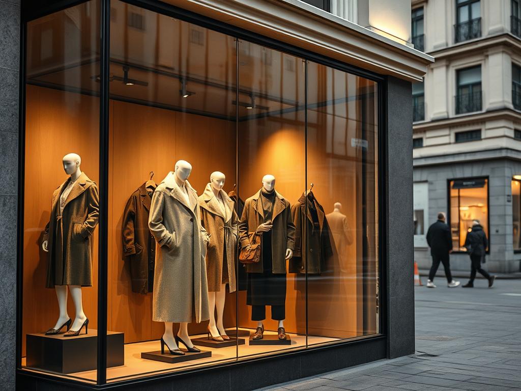 A modern and stylish storefront on the Kurfürstendamm in Berlin, showcasing a carefully curated selection of sustainable fashion. The display windows feature elegant mannequins adorned in eco-friendly garments made from organic cotton, recycled fabrics, and natural dyes. Warm, directional lighting highlights the high-quality materials and impeccable craftsmanship, creating an inviting and luxurious atmosphere. In the background, the iconic architecture of the Kurfürstendamm is visible, adding a touch of German heritage to the scene. The overall impression conveys a sense of ethical consumerism, where fashion and sustainability seamlessly coexist. A modern and stylish storefront on the Kurfürstendamm in Berlin, showcasing a carefully curated selection of sustainable fashion. The display windows feature elegant mannequins adorned in eco-friendly garments made from organic cotton, recycled fabrics, and natural dyes. Warm, directional lighting highlights the high-quality materials and impeccable craftsmanship, creating an inviting and luxurious atmosphere. In the background, the iconic architecture of the Kurfürstendamm is visible, adding a touch of German heritage to the scene. The overall impression conveys a sense of ethical consumerism, where fashion and sustainability seamlessly coexist.