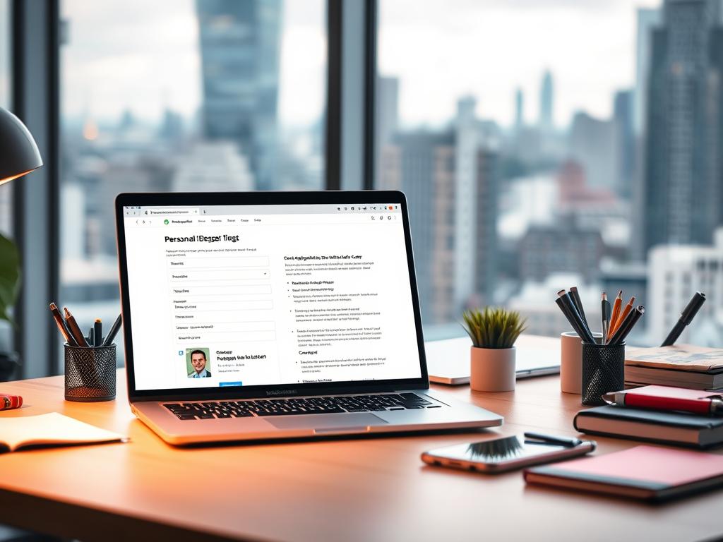 A modern office desk with a laptop, smartphone, and various office supplies. The desk is situated in front of a large window overlooking a bustling city skyline. Soft, diffused lighting illuminates the scene, creating a warm and productive atmosphere. The laptop screen displays a web page with an online application form for a personal ID card, with helpful tips and instructions guiding the user through the process. The overall composition emphasizes the convenience and efficiency of the online application, reflecting the section title 