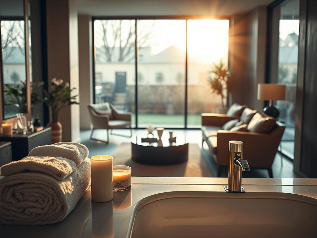 A serene spa setting in Berlin, bathed in warm, natural light filtering through large windows. The foreground showcases a tranquil vanity area, with plush towels, scented candles, and an array of luxurious skincare products neatly arranged. The middle ground features a cozy lounge area, with plush leather chairs and a minimalist coffee table, inviting guests to unwind before their treatments. The background reveals a glimpse of a serene garden, creating a sense of peaceful seclusion. The overall atmosphere exudes an air of refined elegance and absolute relaxation.