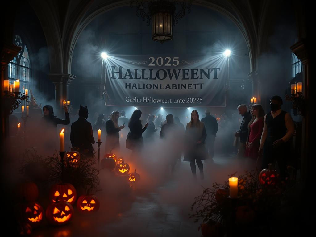 A spooky atmosphere envelops a dimly lit Gruselkabinett event space in Berlin. Eerie fog creeps along the floors, casting an otherworldly glow. Carved pumpkins and haunting decorations loom in the foreground, casting ominous shadows. Guests in elaborate Halloween costumes mingle among gothic architectural details, their faces obscured by masks. Flickering candles and dim lighting create a sense of mystery and foreboding. In the background, a large banner announces the 2025 Gruselkabinett Halloween events, its text partially obscured by the gathering gloom. Shot on a Sony A7R IV with a polarizer filter, this hyperrealistic image captures the essence of Berlin's most thrilling Halloween festivities.