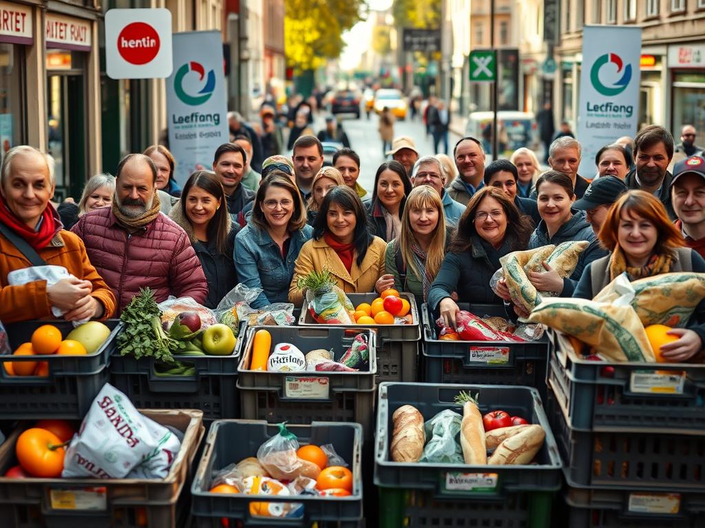 A vibrant group portrait capturing the dedicated activists of Lebensmittelrettung Berlin, an organization that rescues unsold food from local grocers and markets. In the foreground, a diverse array of passionate volunteers sort through crates overflowing with fresh produce, breads, and other perishable goods, their faces alight with purpose. In the middle ground, the organization's logo is prominently displayed on banners and signs, underscoring their mission. The background reveals the bustling streets of Berlin, with pedestrians and vehicles moving about, a fitting backdrop for this community-driven initiative. Lit by warm, natural lighting, the scene conveys a sense of energy, collaboration, and a deep commitment to reducing food waste and providing sustenance to those in need.
