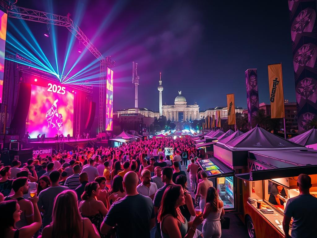 A vibrant nightscape of Berlin's 2025 festival scene. Revelers dance beneath dazzling neon lights, illuminating a bustling crowd spilling onto the streets. Towering stages host pulsing electronic music, as laser beams pierce the night sky. In the foreground, groups of friends toast cocktails, laughter and conversation filling the air. The middle ground reveals colorful food trucks and vendor stalls, offering a diverse array of culinary delights. Looming in the background, the iconic landmarks of Berlin's skyline provide a dramatic backdrop to the electric atmosphere. Captured with a Sony A7R IV, the image is sharp, vivid and hyperrealistic, utilizing a polarizer filter to heighten the neon tones and capture the dynamic energy of Berlin's thriving nightlife festivals.
