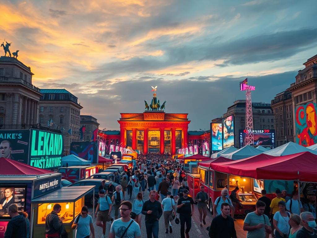 A vibrant open-air art festival set against the iconic backdrop of Berlin's historic architecture. A diverse array of contemporary installations, interactive sculptures, and thought-provoking performances captivate the crowds. Neon-drenched stages pulse with live music, while food trucks and artisan stalls dot the bustling promenades. Visitors wander through immersive light shows and bold murals, their curiosity piqued by the sheer creativity on display. Overhead, a twilight sky casts a warm, golden glow, the scene captured through the lens of a Sony A7R IV with a polarizer filter for a hyperrealistic, sharply defined image.