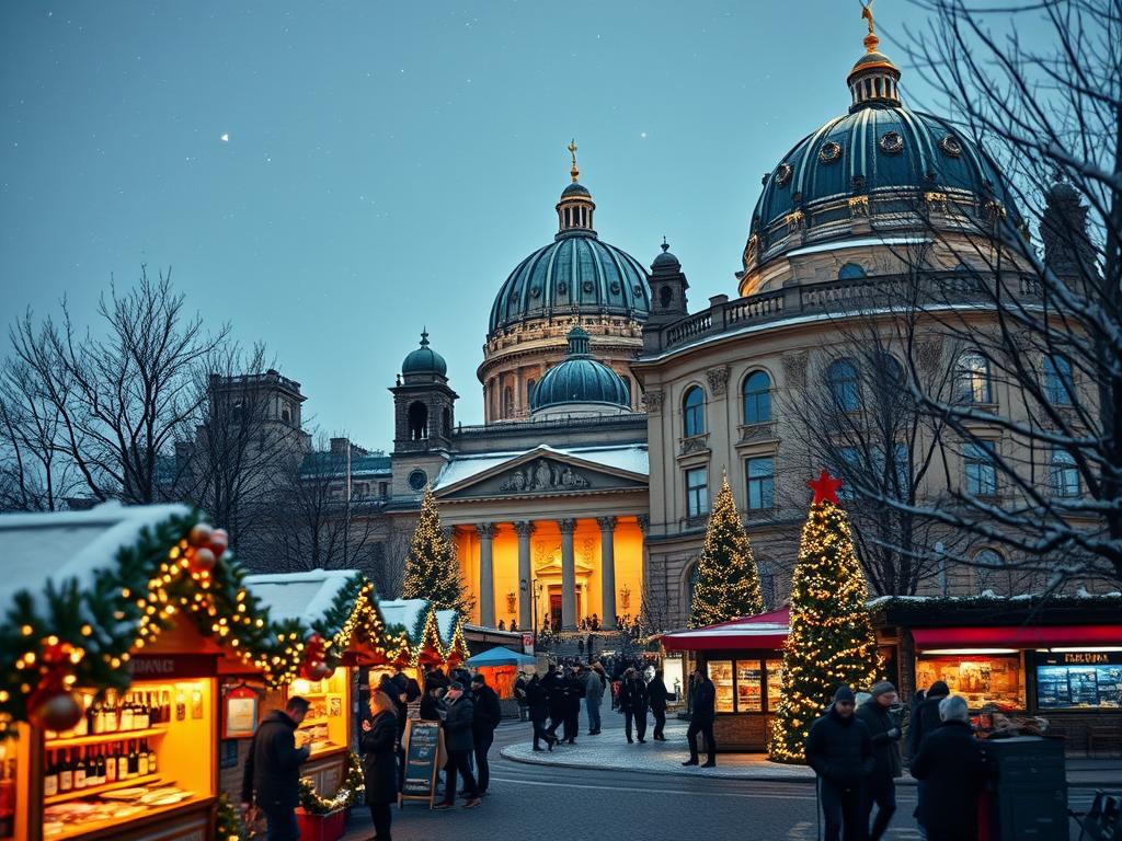 A vibrant winter scene in Berlin, captured with a Sony A7R IV camera and a polarizer filter. In the foreground, a bustling Christmas market with colorful stalls, twinkling lights, and the aroma of mulled wine and roasted chestnuts filling the air. In the middle ground, a historic concert hall with its grand facade illuminated, hosting a lively cultural performance. In the background, the iconic silhouette of the Berliner Dom rises against a starry night sky, reflecting the shimmering waters of the Spree River. The overall atmosphere is one of enchantment and cultural delight, perfectly capturing the essence of 