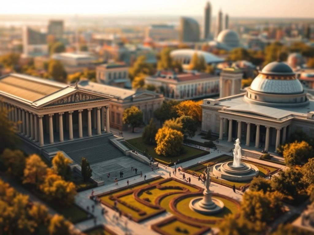 Berliner Museen Kunstlandschaft 2025: A sprawling cityscape of world-renowned museums and galleries, bathed in warm, golden sunlight. In the foreground, the iconic facades of the Pergamon Museum and Bode Museum rise majestically, their intricate architectural details sharply defined. In the middle ground, visitors stroll through lush, manicured gardens, admiring the sculptures and fountains that dot the landscape. Beyond, the sleek, modern lines of the Neue Nationalgalerie and the Humboldt Forum create a striking contrast, their glass and steel exteriors glistening. The atmosphere is one of cultural sophistication and artistic vibrancy, capturing the essence of Berlin's thriving art scene in the year 2025.