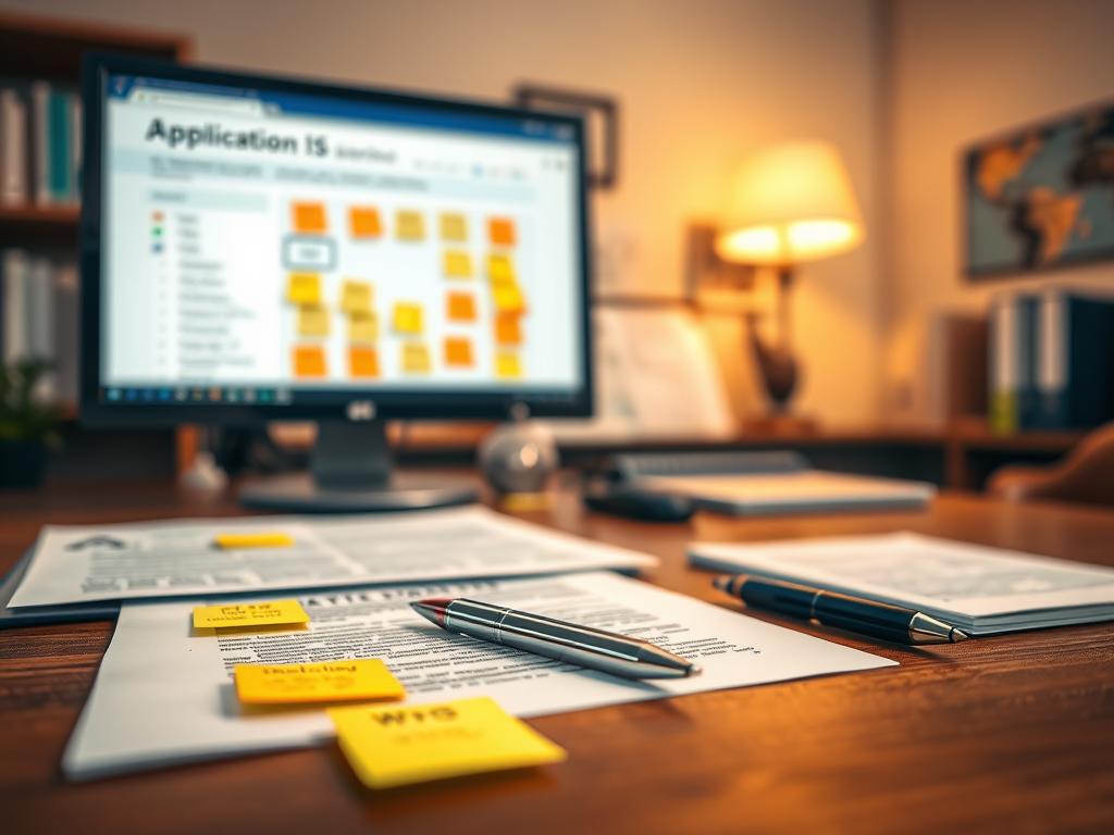 Detailed WBS application tips, realistic office scene with documents, forms, and a pen on a wood desk under warm lighting. Computer monitor displaying application process, colorful sticky notes providing guidance. Focused foreground with blurred background, professional yet approachable atmosphere capturing the essence of navigating the WBS application.