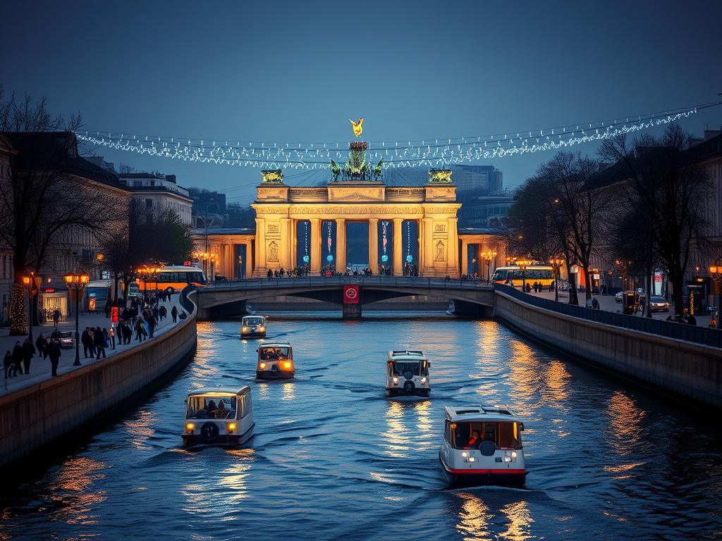 Shot on Sony A7R IV, a clear, tightly focused scene of the city of Berlin during the Christmas season. The foreground shows the bustling Spree River, with pedestrians and boats navigating the calm waters. The middle ground features the iconic landmarks of Berlin, including the Reichstag building and the Brandenburg Gate, adorned with twinkling lights and festive decorations. In the background, a network of public transportation options is visible, including the U-Bahn, S-Bahn, and bus stops, reflecting the excellent connectivity of the city. The image conveys a sense of the magical atmosphere of Christmas in Berlin, with a polarizer filter enhancing the vivid colors and sharp details.