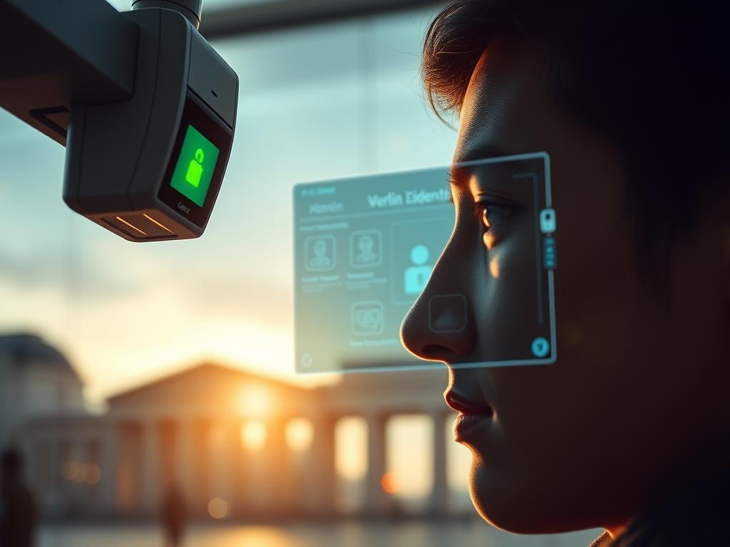 Shot on Sony A7R IV, a detailed and hyperrealistic digital identity verification process unfolds in the foreground. Crisp and sharp, a biometric sensor scans a person's face, while a polarizer filter enhances the clarity of the scene. In the middle ground, a secure online interface displays verification steps, conveying a sense of technological sophistication. The background subtly hints at the Berlin cityscape, establishing the context of a modern, efficient identity management system tailored for the digital age.
