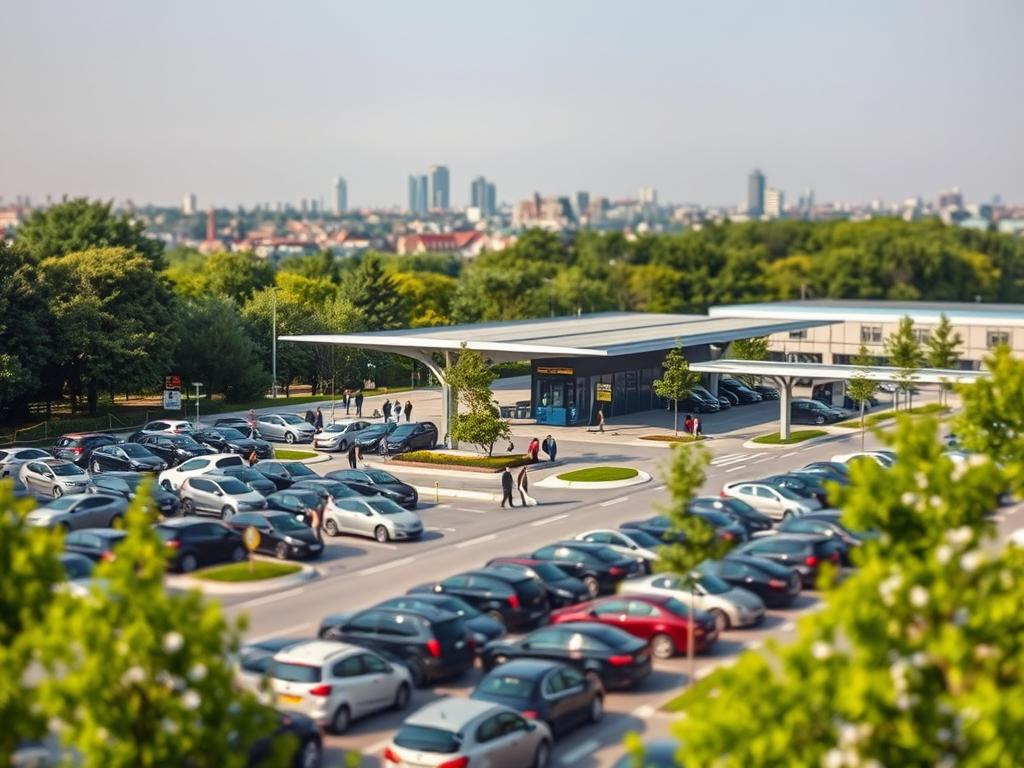 A bustling Park and Ride facility in Berlin, surrounded by a lush green landscape. In the foreground, neatly arranged rows of cars fill the parking lot, with people effortlessly walking towards the nearby public transportation hub. The middle ground features a modern, well-designed station building with clear signage, making the transition between transportation modes seamless. In the background, the city's skyline peeks through, hinting at the convenient connectivity this Park and Ride offers commuters. Crisp, high-contrast lighting and a polarizer filter create a sense of depth and clarity, showcasing the efficient, thoughtful design that enables better utilization of this urban mobility solution.