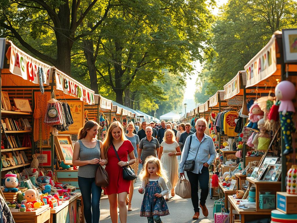A bustling and vibrant family-friendly flea market in the heart of Schöneberg, Berlin. The scene is filled with colorful stalls and vendors showcasing an eclectic array of vintage finds, handcrafted goods, and whimsical toys. Children explore the aisles, their eyes wide with wonder, as parents browse for unique treasures. The warm sunlight filters through the trees, casting a golden glow over the lively atmosphere. Laughter and chatter fill the air, creating a sense of community and joy. Shoppers stroll leisurely, taking in the sights, sounds, and aromas of this enchanting local festival. A polarizing filter captures the scene with vivid clarity, highlighting the authentic details and lively energy of this familienfreundlicher Flowmarkt Schöneberg.