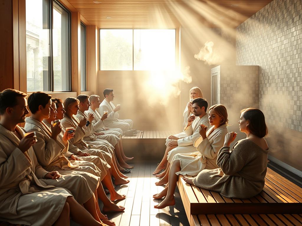 A bustling scene of Berlin's renowned saunaclub culture unfolds. In the foreground, patrons clad in plush robes lounge on wooden benches, sipping rejuvenating tisanes. Sunlight streams through large windows, casting a warm glow over the space. The middle ground features sleek, minimalist design elements - clean lines, natural materials, and muted tones creating a serene ambiance. In the background, steam billows from an ornate, tiled sauna, its hypnotic rhythm drawing visitors deeper into the experience. The scene exudes a sense of rejuvenation, wellness, and the distinct character of Berlin's celebrated saunaclub tradition.