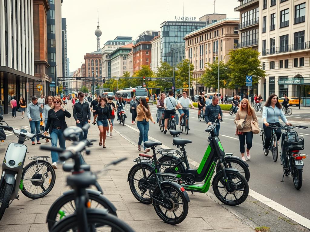 A bustling urban scene in Berlin, showcasing sustainable mobility options. In the foreground, a fleet of electric bicycles and scooters line the sidewalk, their sleek designs and vibrant colors inviting passersby to embrace eco-friendly transportation. In the middle ground, a network of dedicated bike lanes and pedestrian walkways wind through the city, with people of all ages and backgrounds navigating the streets with ease. The background features a mix of modern and historic architecture, framing the scene with a sense of civic pride and environmental consciousness. The overall atmosphere is one of connectivity, efficiency, and a commitment to a greener, more livable city. Shot on a Sony A7R IV with a polarizer filter, this hyperrealistic image captures the essence of sustainable mobility in Berlin.