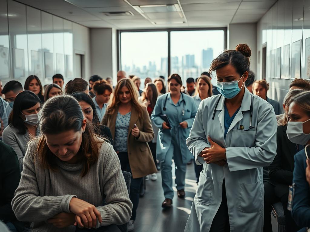 A busy medical clinic in Berlin, the waiting room overwhelmed with anxious patients seeking urgent care. Exhausted nurses and doctors hustle between examination rooms, their faces etched with concern. The atmosphere is tense, the air thick with the scent of disinfectant. Through the window, the city skyline looms, a reminder of the demands placed on this vital service. The lighting is harsh, casting dramatic shadows that highlight the strain. Shot on a Sony A7R IV with a polarizer filter, this hyperrealistic image captures the Überlastungssituation, the critical situation of an overloaded emergency medical service in the heart of Berlin.