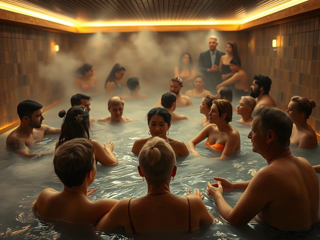 A captivating scene showcasing the diverse clientele of Berlin's vibrant sauna clubs. In the foreground, a group of friends, both young and old, relax in the steamy atmosphere, exchanging lively conversation. The middle ground features individuals seeking solace, meditating in the soothing warmth. In the background, a mix of professionals, couples, and wellness enthusiasts gather, each finding their own niche within the clubs' welcoming ambiance. Soft lighting casts a warm glow, while the tiles and wooden accents create a cozy, inviting atmosphere. Captured with a Sony A7R IV, this hyperrealistic image conveys the inclusive, multi-faceted nature of Berlin's sauna club scene.