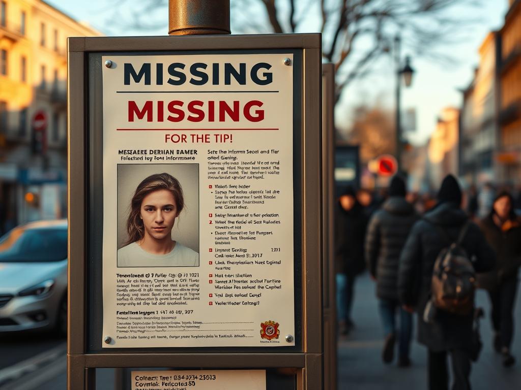 A detailed, neatly organized missing person's notice displayed on a modern bulletin board in a bustling Berlin neighborhood. The foreground features a large, high-quality photograph of the missing individual, with their name, age, and other key details prominently featured. The middle ground showcases a section for submitting tips and information, with clear instructions and contact details. The background depicts the urban environment, with blurred street scenes, buildings, and pedestrians, conveying a sense of urgency and the need for the community's involvement. Lit by warm, natural lighting, the overall composition evokes a sense of empathy and a call to action.