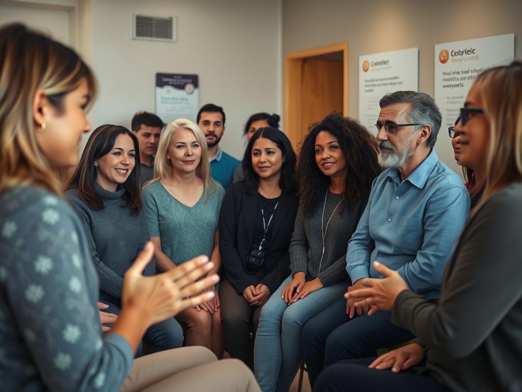 A diverse group of people gathered in a warm, inviting space, engaging in thoughtful discussions about sexual health. The scene is bathed in soft, natural lighting, captured with a Sony A7R IV camera and a polarizer filter to enhance the details. In the foreground, a counselor gestures animatedly, guiding a group of individuals from various backgrounds - young and old, diverse ethnicities, genders, and abilities. In the middle ground, others listen intently, their expressions reflecting a sense of openness and trust. The background suggests a comfortable, professional setting, with discreet signage hinting at the range of services offered. The overall mood is one of empowerment, care, and a commitment to inclusive, holistic sexual health support.