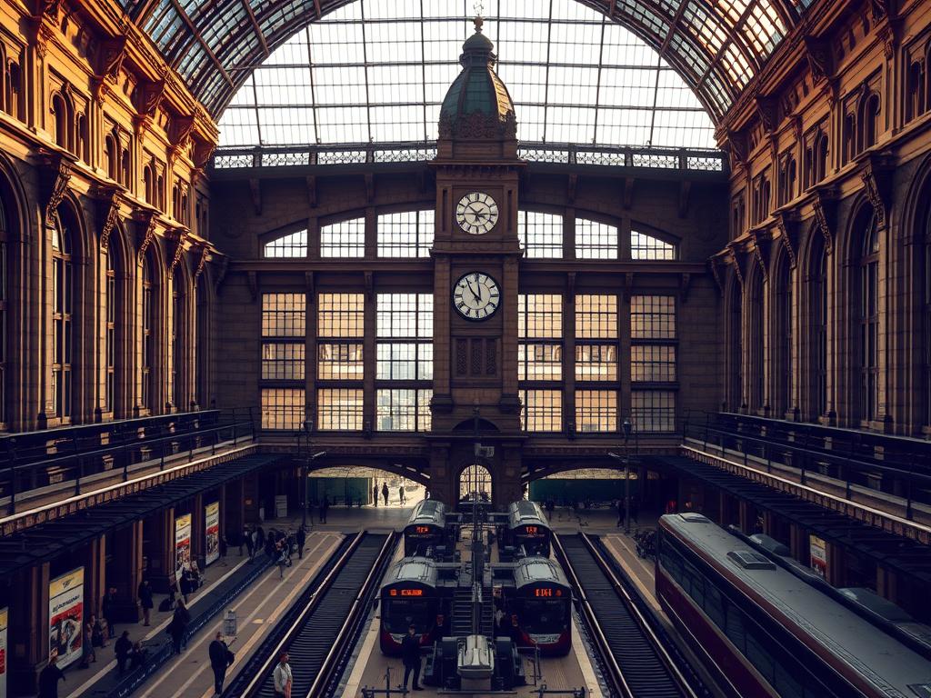 A grand and historic railway station in Berlin, the Berliner Hauptbahnhof stands tall, its imposing architecture a testament to the city's rich transportation legacy. Shot on a Sony A7R IV with a polarizer filter, this hyperrealistic image captures the station's intricate details - the soaring glass atrium, the ornate facades, and the bustling platforms where commuters hurry to their destinations. The scene is bathed in warm, natural light, conveying a sense of timeless grandeur. In the foreground, the station's iconic clock tower rises majestically, while in the background, the city skyline peeks through, hinting at the station's integral role in Berlin's urban landscape. This sharply defined, clearly focused image invites the viewer to step into the storied history of this exceptional transportation hub.