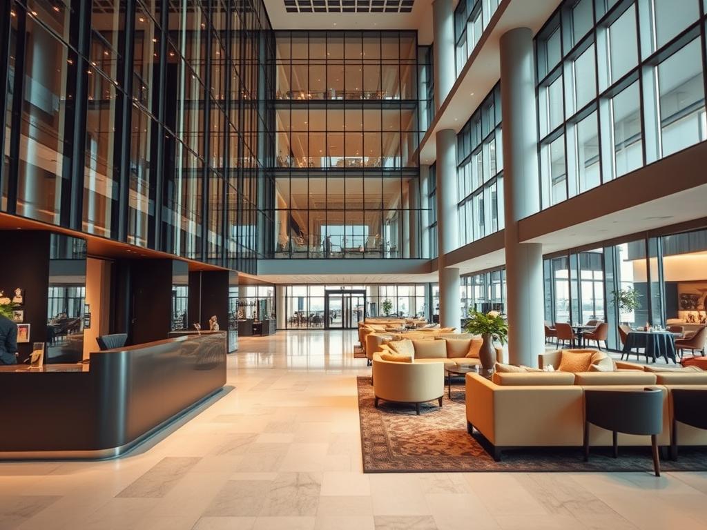 A grand, contemporary hotel situated near Berlin Brandenburg Airport, the Mövenpick Hotel Berlin am Flughafen stands tall with its sleek, glass-and-steel facade. The lobby exudes an airy, modern ambiance, with minimalist furnishings and a warm, earthy color palette. In the foreground, guests are greeted by a stylish reception desk, while the middle ground showcases a cozy seating area with plush sofas and chairs. The background reveals a large, open-plan dining area, where diners can savor delectable international cuisine. Captured with a Sony A7R IV, this hyperrealistic image features sharp focus, vivid colors, and a polarizer filter, showcasing the hotel's elegant and efficient design, perfect for the discerning traveler.