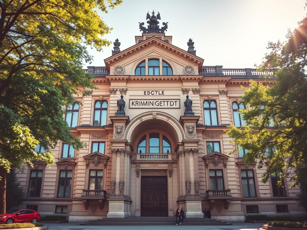 A grand, imposing facade of the Kriminalgericht Moabit, the historic criminal courthouse in Berlin's Moabit district. The ornate Neo-Renaissance architecture, with its soaring arched entryway and intricate stone carvings, conveys a sense of authority and tradition. Sunlight streams through the windows, casting warm, dramatic shadows across the building's elegant lines. The surroundings are lush and verdant, with trees and landscaping framing the structure, creating a tranquil, contemplative atmosphere. A polarizer filter enhances the depth and clarity of the image, capturing the courthouse's impressive scale and grandiose presence within the urban landscape.