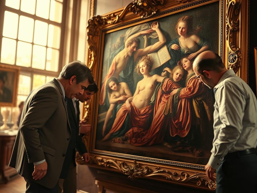 A group of art experts in Berlin closely inspecting and evaluating a large, ornate oil painting. They are intently studying the brushwork, colors, and composition, discussing its potential provenance and market value. The scene is bathed in warm, diffused natural light filtering through large windows, creating a sense of quiet contemplation. The experts are dressed in professional attire, leaning in to examine the painting's details. The background is blurred but suggests an elegant gallery or auction house setting. The overall mood is one of focused scholarship and connoisseurship.