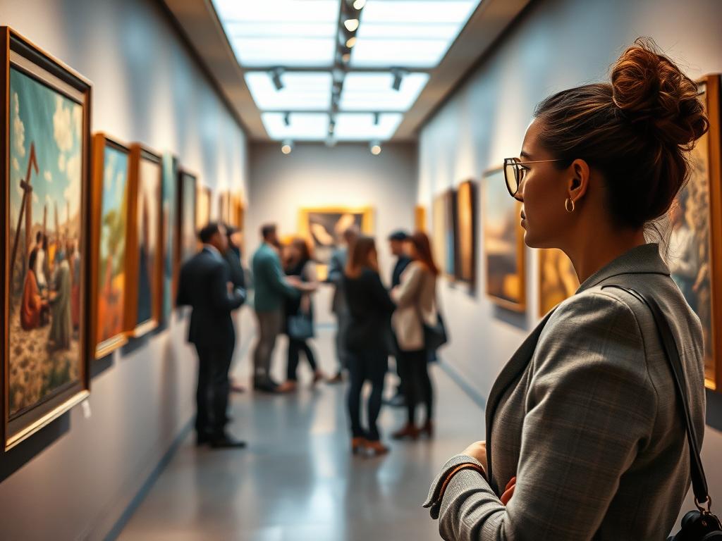 A high-end art gallery in Berlin, the walls adorned with a diverse collection of paintings. In the foreground, a well-dressed art enthusiast examines a canvas, her discerning gaze evaluating the brushstrokes and color composition. The middle ground reveals a group of gallery visitors, some engaged in animated discussions, others simply absorbing the ambiance. In the background, the Gallery's sleek, modern interior is illuminated by strategically placed lighting, highlighting the architectural details and showcasing the artwork to perfection. The scene conveys a sense of refined sophistication, where the art of appreciation is as much a part of the experience as the art itself.