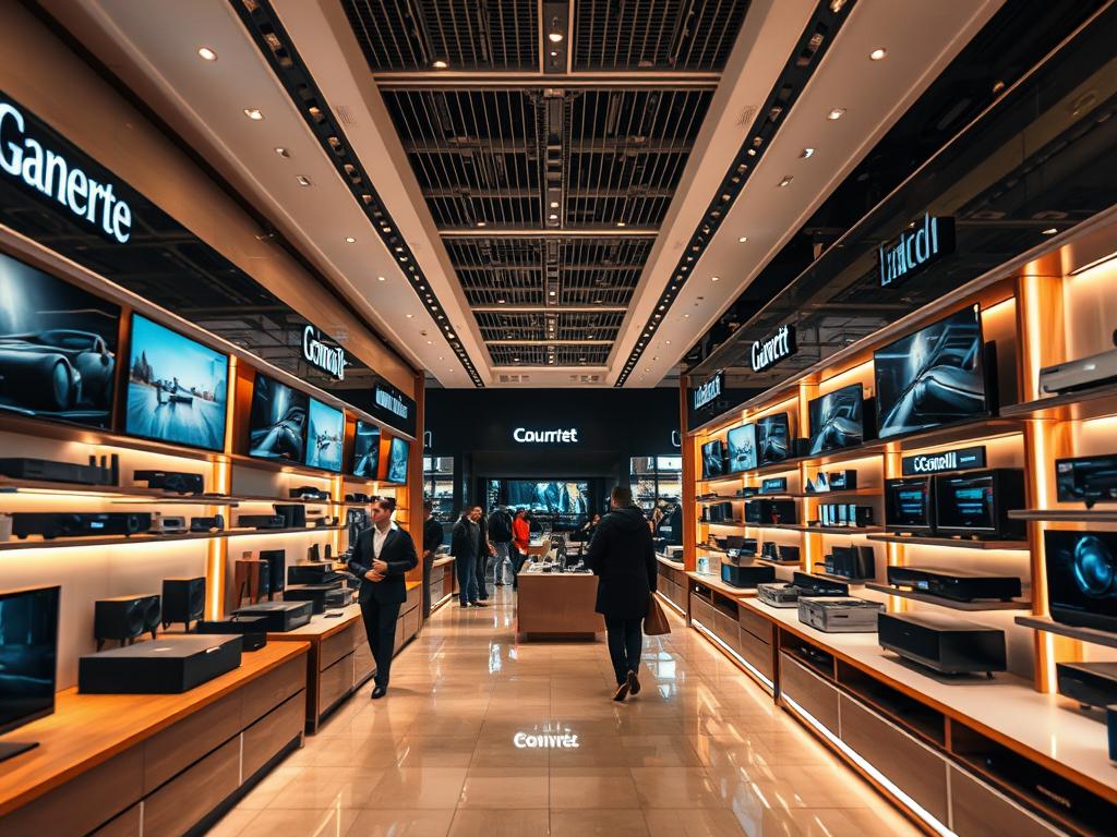 A high-end electronics store in the heart of Berlin, showcasing a diverse array of premium brands. The spacious and well-lit interior features sleek, modern displays highlighting the latest cutting-edge technologies. Carefully curated products, from top-of-the-line televisions to state-of-the-art audio equipment, are arranged in a visually appealing manner. Warm lighting accentuates the high-quality materials and glossy finishes, creating an atmosphere of sophistication and exclusivity. Customers browse the aisles, immersed in the vast selection of renowned brands, each item a testament to exceptional craftsmanship and technological innovation. A harmonious blend of professionalism and consumer indulgence, this electronics emporium embodies the pinnacle of Berlin's retail excellence.