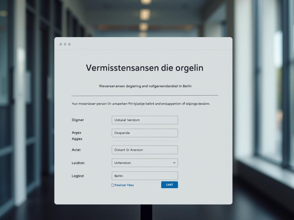 A modern, minimalist website interface with a sleek, responsive design. A large, bold headline "Vermisstenanzeige online aufgeben in Berlin" is displayed prominently at the top, inviting the user to submit a missing person report. Below, a clean, intuitive form allows the user to input details about the missing individual, including name, age, date and location of disappearance. The layout is well-organized, with clear instructions and easy-to-navigate sections. Subtle geometric patterns and muted color tones create a calming, professional atmosphere. The overall impression is one of efficiency, empathy, and a commitment to helping those in need. Shot on Sony A7R IV, clearly focused, sharply defined, polarizer filter, Hyperrealistic image.