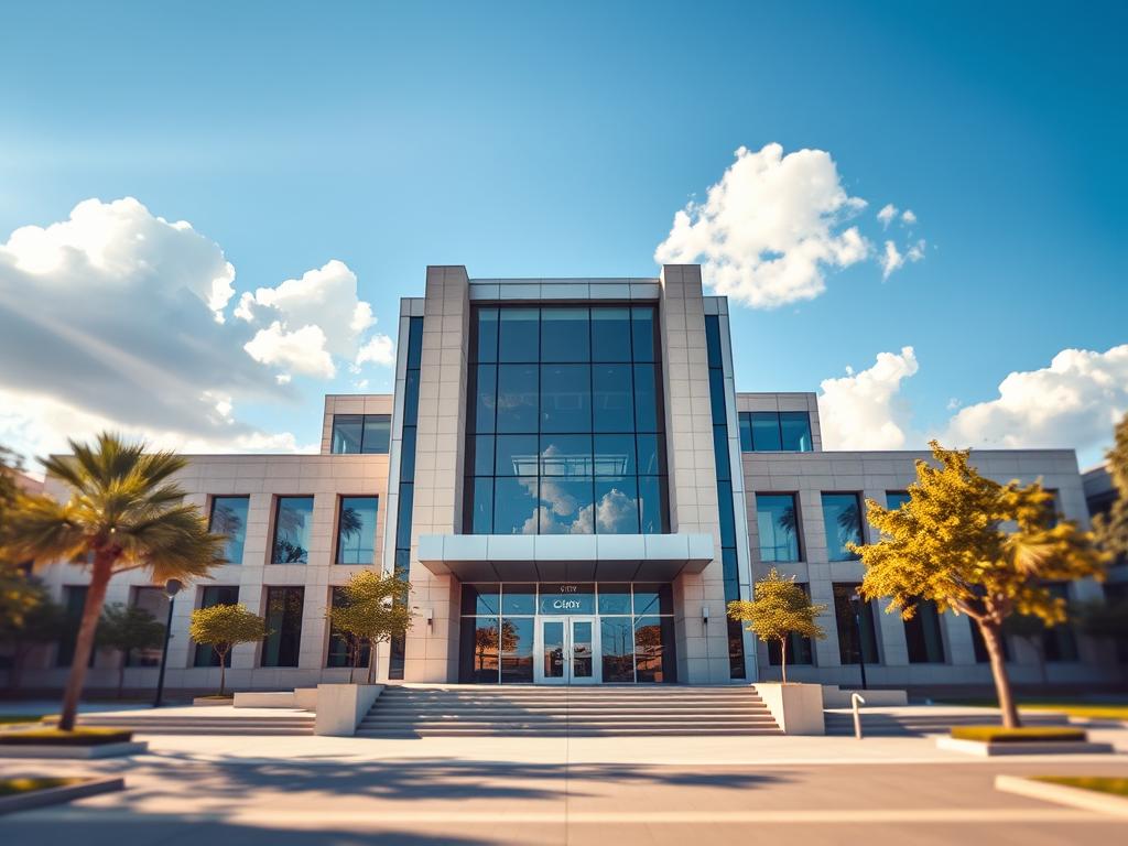 A modern, sleek courthouse exterior with a clean, minimalist facade. Gleaming glass panels and sharp, angular lines create an aura of efficiency and professionalism. The building rises impressively, framed by a clear blue sky with fluffy clouds. Sunlight streams through the windows, casting warm, golden tones across the stone and metal surfaces. Surrounding the courthouse, a well-manicured plaza with carefully pruned trees and neatly paved walkways invites visitors to approach. The overall impression is one of a forward-thinking, technologically-advanced judicial institution, ready to accommodate the demands of a rapidly evolving legal landscape.