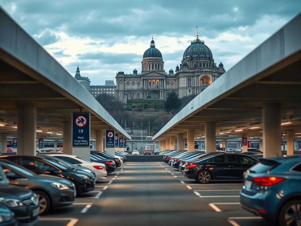A modern urban parking facility with clearly marked parking spaces and signage indicating the Park and Ride tariff rates. The structure is well-lit, with sleek, angular architecture and a minimalist design aesthetic. Cars are neatly parked in the foreground, while in the background, the cityscape of Berlin is visible, including the iconic Reichstag building and other landmarks. The image conveys a sense of efficiency, convenience, and connectivity, reflecting the practicality and accessibility of the Park and Ride system in the German capital.