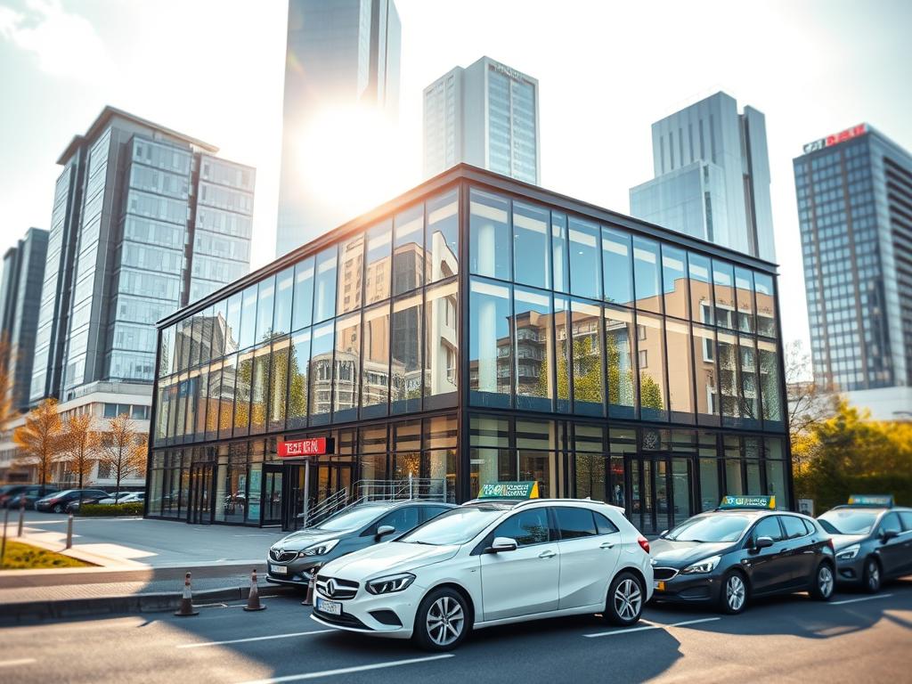 A modern, well-equipped Fahrschule (driving school) in the heart of Berlin in the year 2025. The sleek, glass-fronted building is set against a backdrop of towering skyscrapers, reflecting the city's dynamic urban landscape. Inside, state-of-the-art classrooms and simulators equip students with the knowledge and skills to navigate the roads of the future. Sunlight streams through large windows, illuminating the practical training vehicles parked outside, ready to take learners on immersive, hands-on lessons. An atmosphere of professionalism and innovation permeates the scene, anticipating the next generation of responsible, confident Berlin drivers.