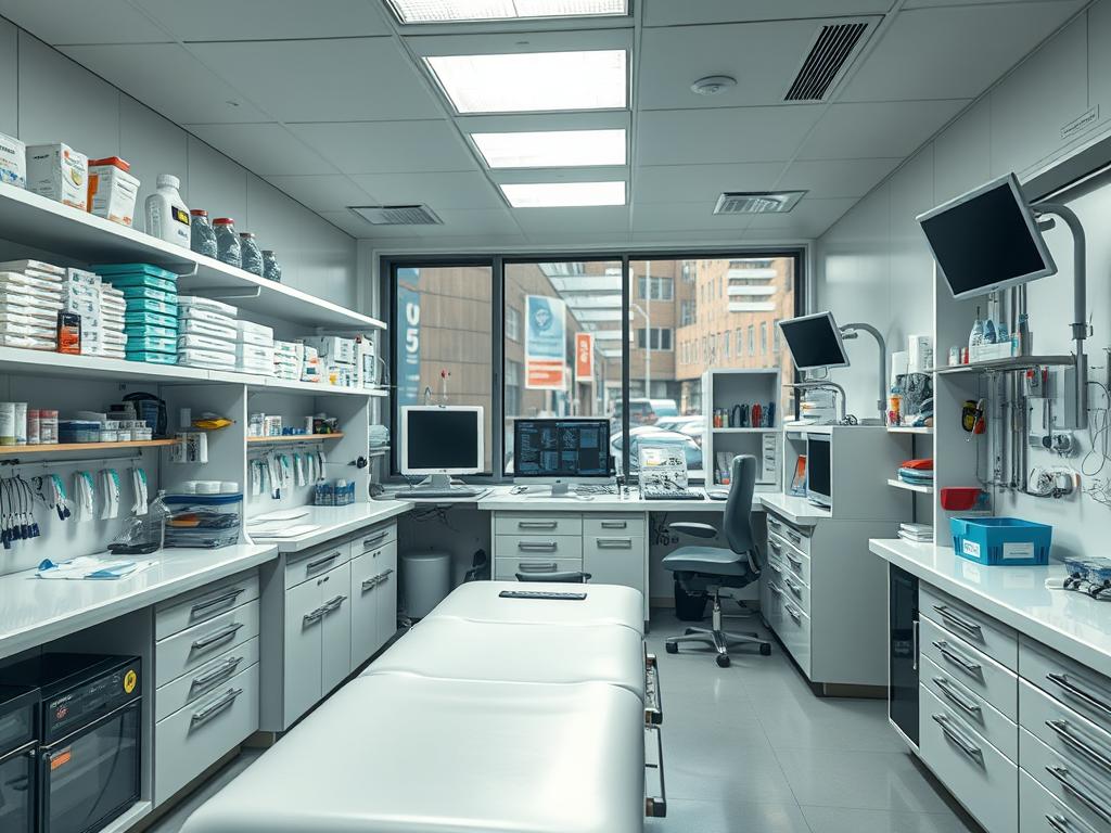 A modern, well-equipped medical emergency station in Berlin. Rows of medical supplies, surgical instruments, and diagnostic equipment neatly arranged on shelves and countertops. The lighting is bright and even, highlighting the gleaming surfaces. The atmosphere is sterile yet calming, conveying a sense of professionalism and preparedness. In the foreground, a state-of-the-art examination table with adjustable features. In the middle ground, a computer workstation and medical cabinets stocked with medications. The background features high-tech monitoring devices and a large window overlooking the bustling city streets. Shot on Sony A7R IV, clearly focused, sharply defined, polarizer filter, Hyperrealistic image.