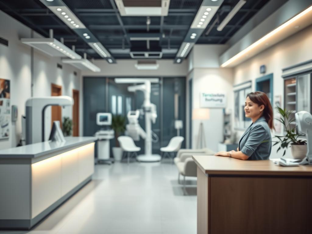 A modern, well-equipped medical facility interior with a professional, welcoming atmosphere. In the foreground, a reception desk with a friendly receptionist awaits patients. Behind it, diagnostic equipment and a privacy screen create a sense of medical privacy. The middle ground features a seating area with comfortable chairs and a calming, pastel color palette. The background showcases clinical yet warm lighting, clean and organized wall displays, and discreet signage indicating "Terminvereinbarung" (Appointment Scheduling). The overall scene conveys a sense of trust, confidentiality, and efficient healthcare.