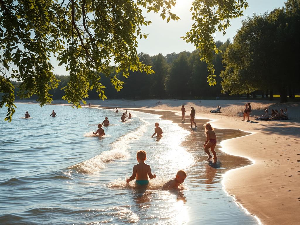 A serene summer day at the Tegeler See beach, the sun's warm rays dancing on the glistening water. A picturesque scene of families and friends enjoying the tranquil shores, children splashing in the shallow waves, adults lounging on the sandy banks. The lush, verdant foliage of the surrounding trees frames the peaceful setting, creating a natural, inviting atmosphere. Captured with a Sony A7R IV, the image is sharply defined, the polarizer filter enhancing the vivid colors and crystal-clear reflections. A truly captivating and hyperrealistic depiction of the idyllic Tegeler See beach experience.