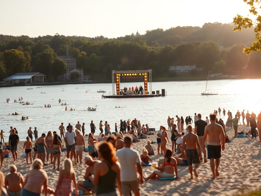A sun-soaked summer day at the Tegeler See in 2025, with a lively atmosphere of events and activities. In the foreground, families and friends gather on the sandy beach, enjoying water sports and lakeside celebrations. In the middle ground, a stage is set up, hosting a vibrant music performance with a crowd of enthusiastic attendees. In the background, the tranquil waters of the lake are surrounded by lush greenery and the silhouettes of nearby buildings. Warm, diffused lighting illuminates the scene, creating a sense of warmth and liveliness. Shot on a Sony A7R IV with a polarizer filter, this hyperrealistic image captures the essence of the Tegeler See's vibrant events in 2025.