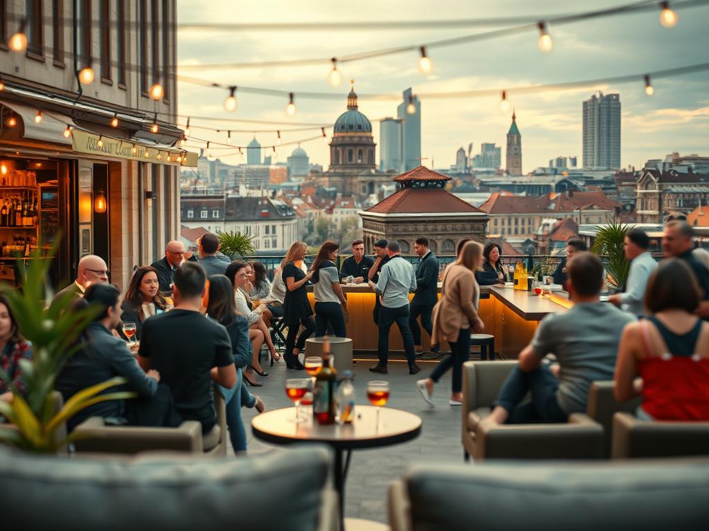 A vibrant, after-work gathering in the heart of Berlin, bustling with energy and camaraderie. In the foreground, a cozy outdoor patio adorned with string lights and inviting lounge furniture, where professionals unwind over craft cocktails and craft beer specials. In the middle ground, a lively bar scene, with bartenders skillfully mixing drinks and patrons engaged in animated conversations. The background captures the iconic Berlin cityscape, with historic buildings, modern skyscrapers, and the occasional glimpse of the Spree River. The lighting is warm and inviting, creating a welcoming atmosphere perfect for unwinding after a long workday. The overall scene exudes a vibrant, urban vibe that epitomizes the essence of Berlin's thriving after-work culture.