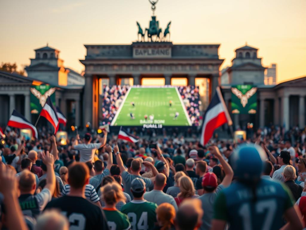 A vibrant outdoor scene of a public viewing event for the Super Bowl in Berlin, Germany. The camera captures a large outdoor screen displaying the live game action, with a crowd of enthusiastic spectators gathered around, cheering and engaged in the moment. The foreground is alive with energy, people of all ages waving flags and wearing jerseys in team colors. In the middle ground, food and drink vendors add to the festive atmosphere. The background features iconic Berlin landmarks, the Brandenburg Gate and the Reichstag building, bathed in the warm glow of the evening light. Crisp, detailed, and hyperrealistic, the image conveys the excitement and communal spirit of a vibrant Super Bowl public viewing event in the heart of the German capital.