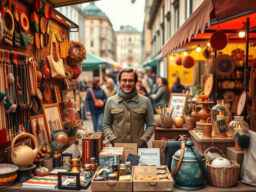 A vibrant, well-curated Flowmarkt vendor stand in Schöneberg, Berlin. The front display features an assortment of vintage-inspired accessories, handmade crafts, and eclectic home goods, arranged with an eye for visual appeal. The middle ground showcases the friendly, approachable vendor, ready to engage with potential customers. The background depicts the bustling market atmosphere, with colorful tents, milling crowds, and the city's historic architecture providing a captivating setting. Warm, diffused lighting creates a cozy, inviting ambiance, drawing the viewer into this unique shopping experience. Captured with a Sony A7R IV, the image exhibits sharp focus, vivid colors, and a sense of hyperrealistic detail, making the viewer feel as if they are truly immersed in the Flowmarkt's lively atmosphere.