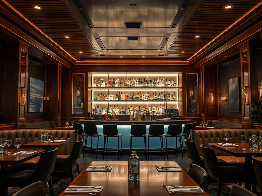 Berliner Bar-Restaurant Konzepte: A luxurious, modern interior with a warm, inviting ambiance. Sleek wooden accents and plush leather banquettes set the tone, complemented by soft lighting that creates a cozy, atmospheric setting. Meticulously curated decor, including striking contemporary artwork, lends an air of sophistication. The focal point is a stunning, centrally located bar, its backlit shelves showcasing an impressive selection of premium spirits. Guests are drawn to the vibrant energy, encouraged to linger and soak in the vibrant, trendy atmosphere. Shot on Sony A7R IV, clearly focused, sharply defined, polarizer filter, Hyperrealistic image.