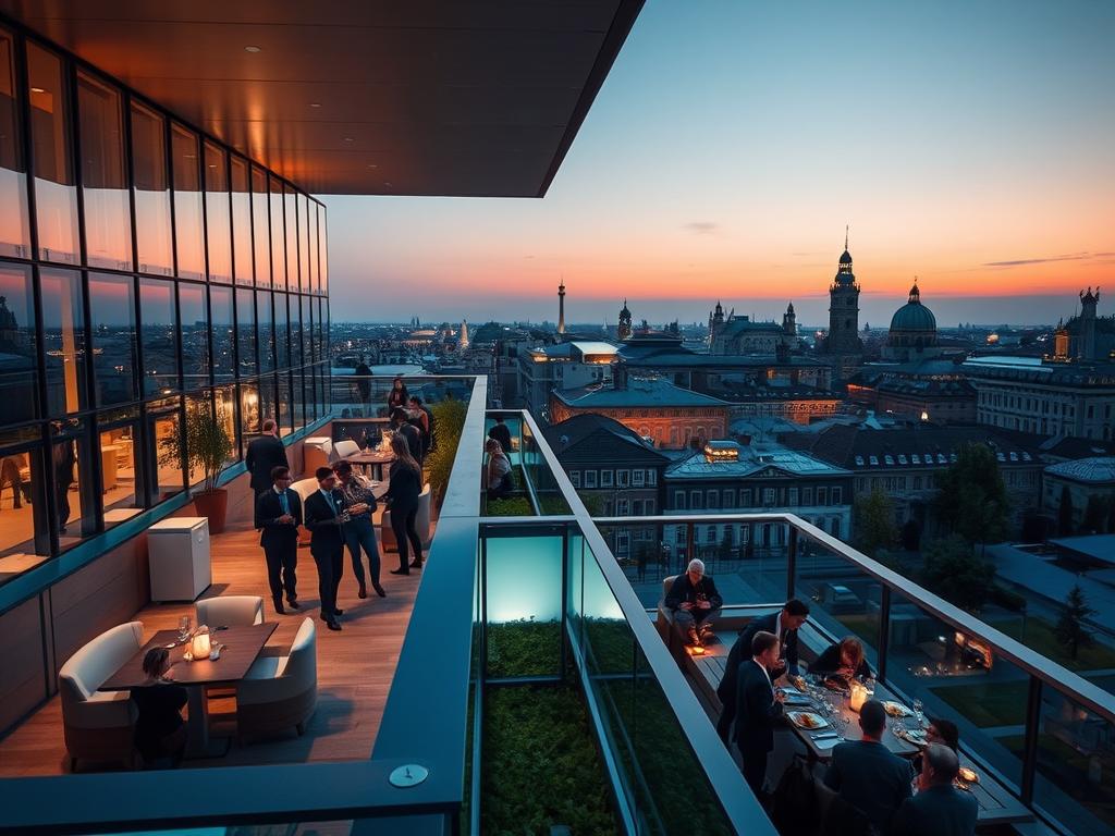Exquisite event venue in Berlin, set against the city's historic skyline. A stunning rooftop terrace with panoramic views, sleek modern architecture, and elegant interior design. Soft lighting complements the sophisticated ambiance, creating an intimate and exclusive atmosphere perfect for special occasions. Guests mingle under the night sky, enjoying the refined atmosphere and top-notch catering. The venue's versatile event spaces can accommodate a range of celebrations, from high-end corporate galas to intimate private parties. Captured with a Sony A7R IV, polarizer filter enhances the rich, vivid colors and crisp, hyperrealistic details.